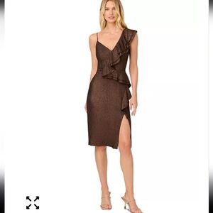 Adrianna Papell One-Shoulder Ruffle Cocktail Dress in Metallic Brown